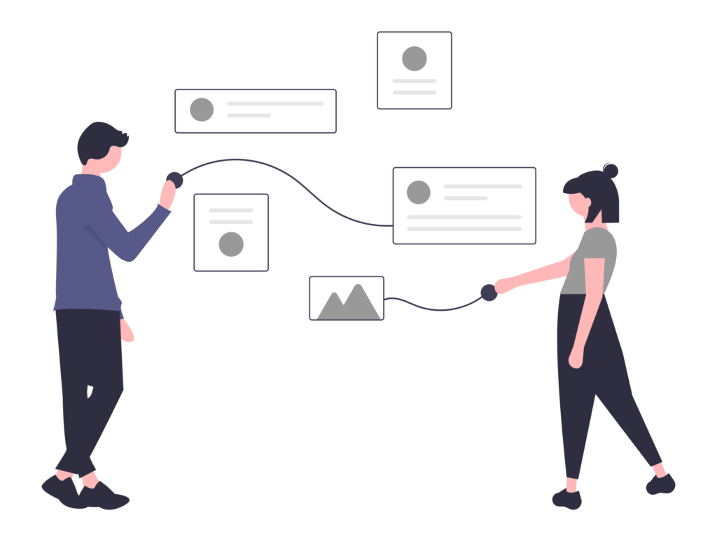 two animated humans looking at animated online pages with lines connecting them.