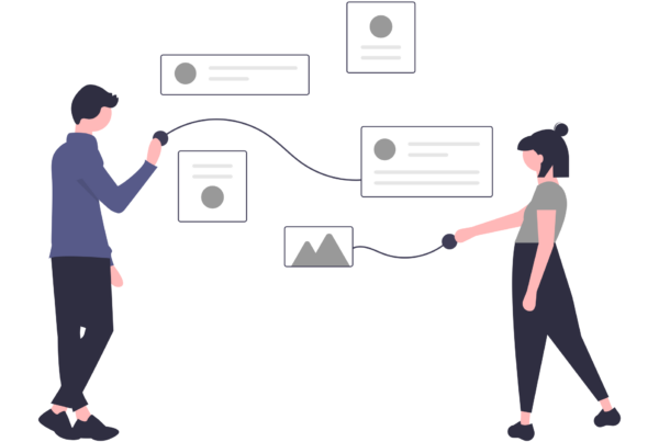 two animated humans looking at animated online pages with lines connecting them.