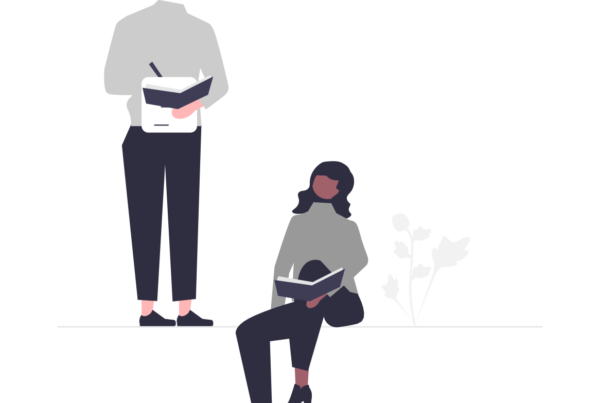Two animated people taking notes in a notebook, thinking creatively, and brainstorming.