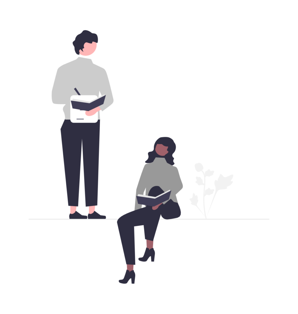 Two animated people taking notes in a notebook, thinking creatively, and brainstorming.