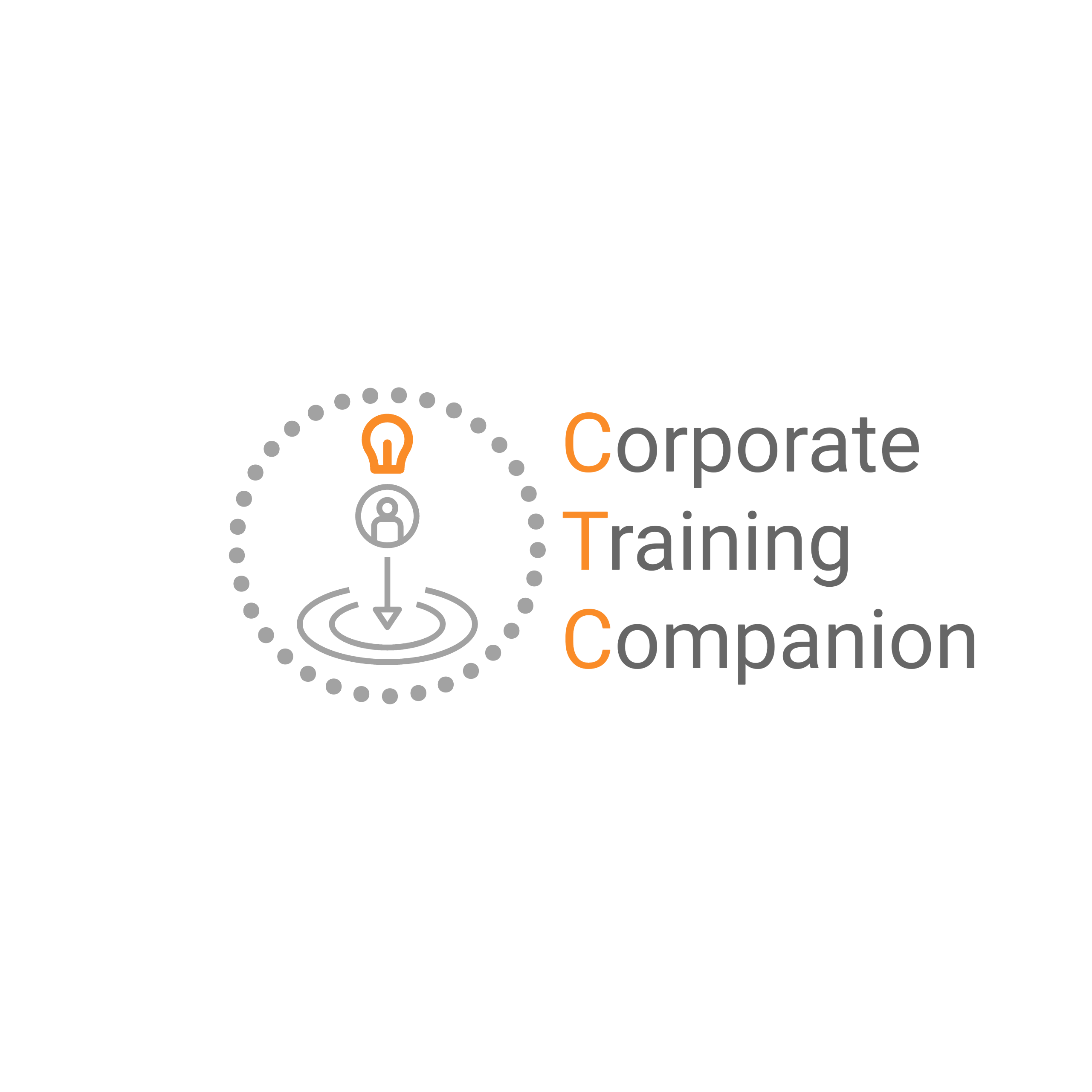Corporate Training Companion logo with the words to the left of a dotted cgrey circle with a lighbulb inside over a grey person icon.